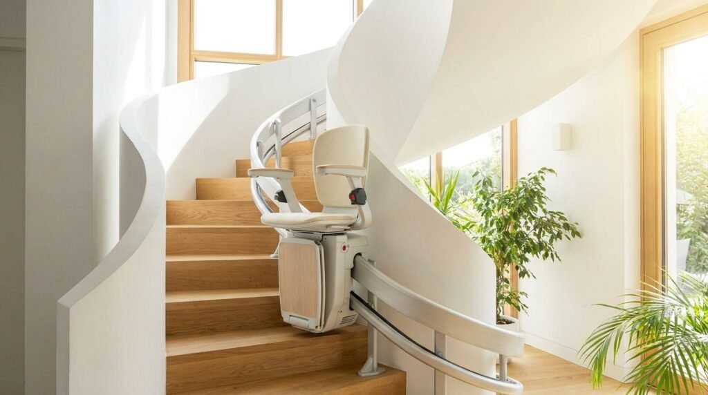 Monte-escalier moderne sur un escalier tournant, maison lumineuse