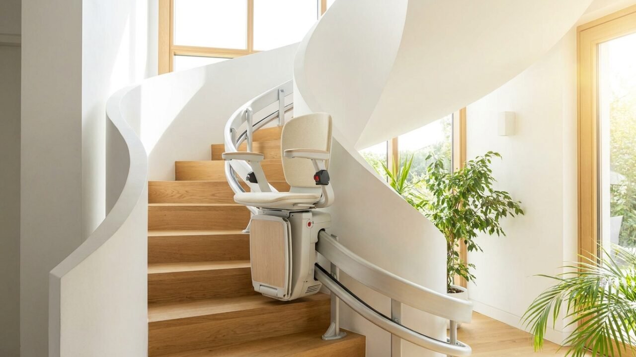 Monte-escalier moderne sur un escalier tournant, maison lumineuse