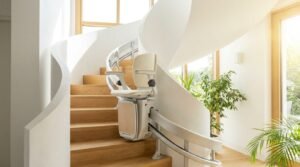 Monte-escalier moderne sur un escalier tournant, maison lumineuse
