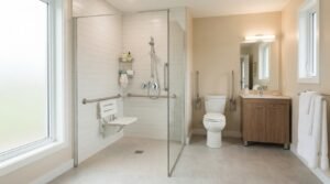 Salle de bain accessible senior, douche de plain-pied avec barre d'appui et siège, carrelage clair, lumineuse