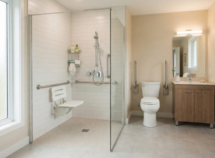 Salle de bain accessible senior, douche de plain-pied avec barre d'appui et siège, carrelage clair, lumineuse